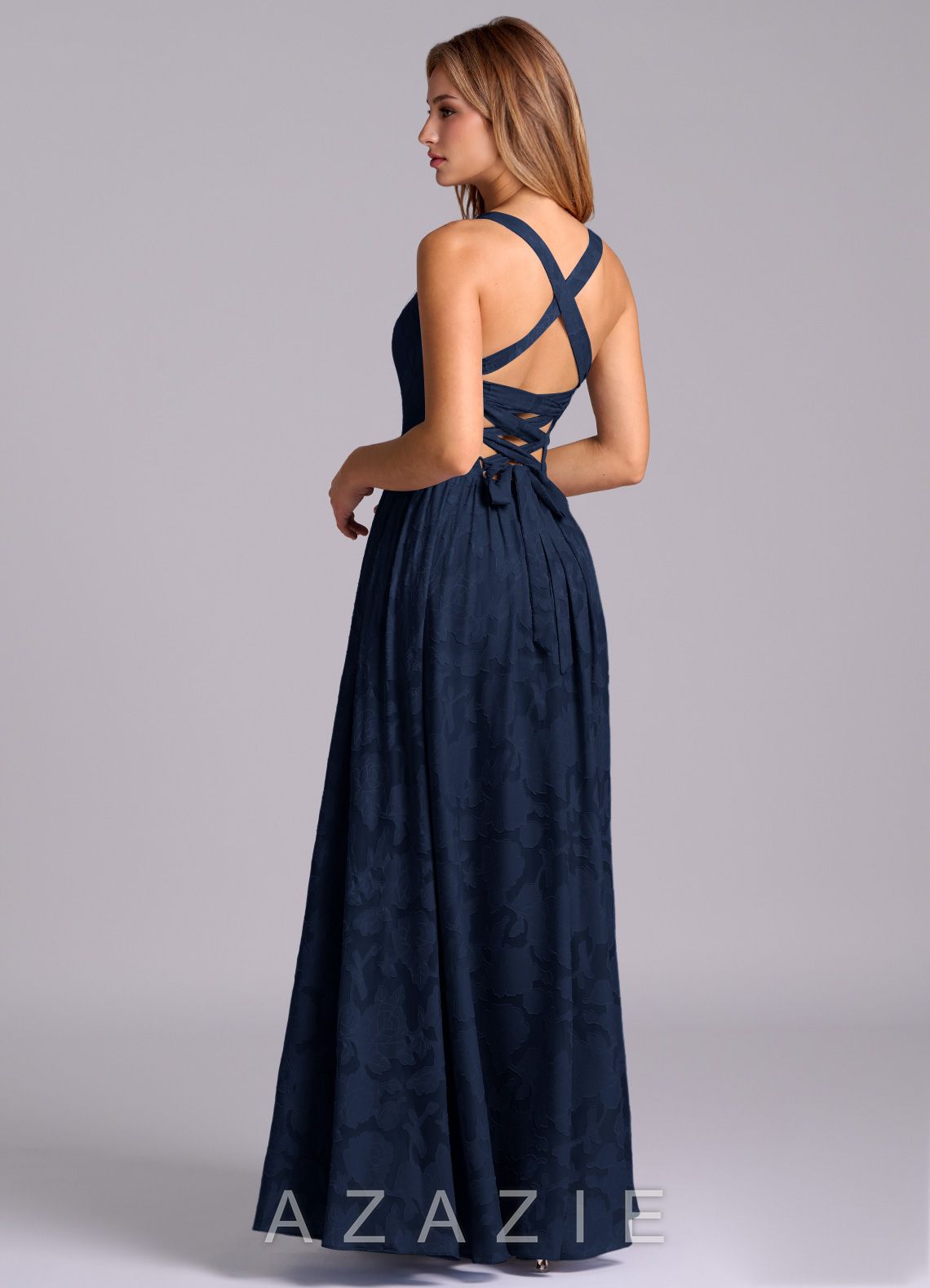 Azazie Francis Dark Navy A-Line Corset Floral Burnout Dress dark_navy