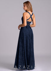 Azazie Francis Dark Navy A-Line Corset Floral Burnout Dress dark_navy