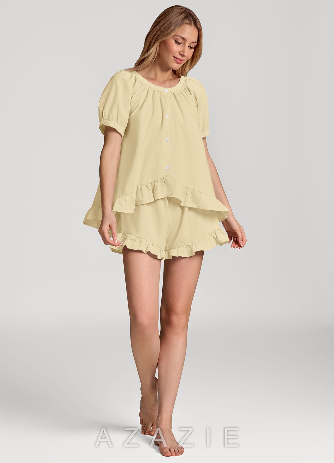 Ruffled Button Front Cotton Pajama Set  lemon_sorbet