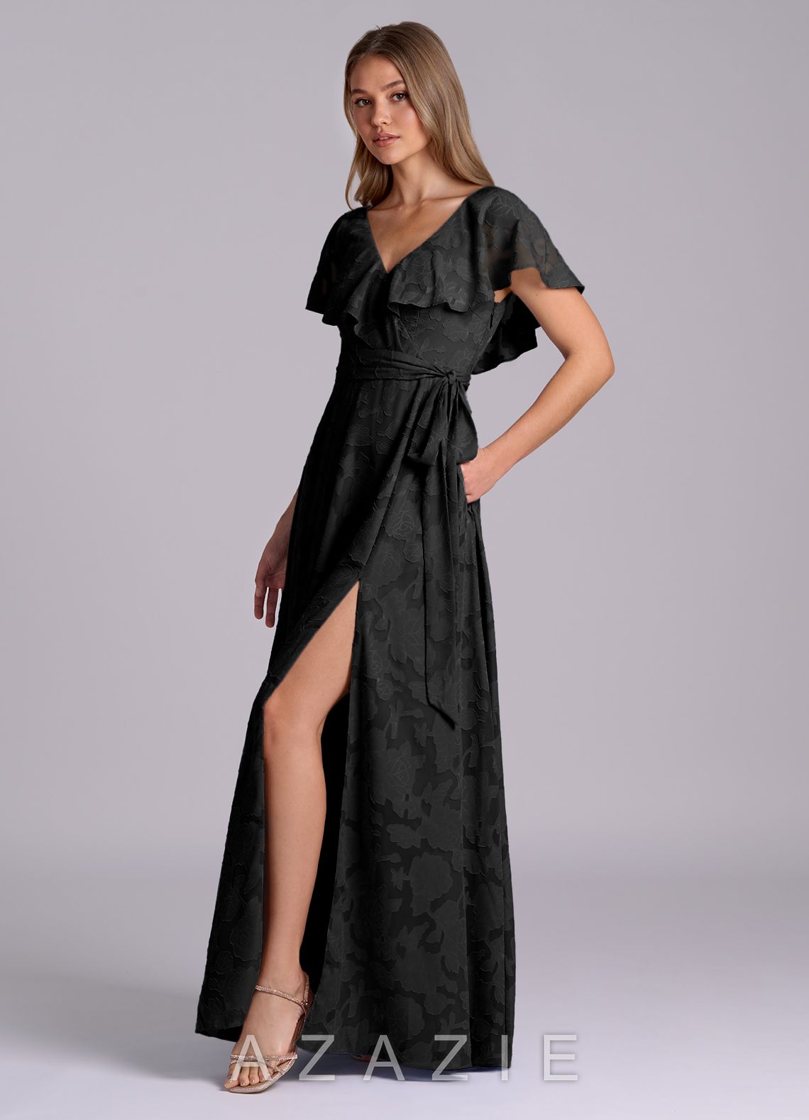Azazie Lainey Black A-Line with Pockets Floral Burnout Dress black