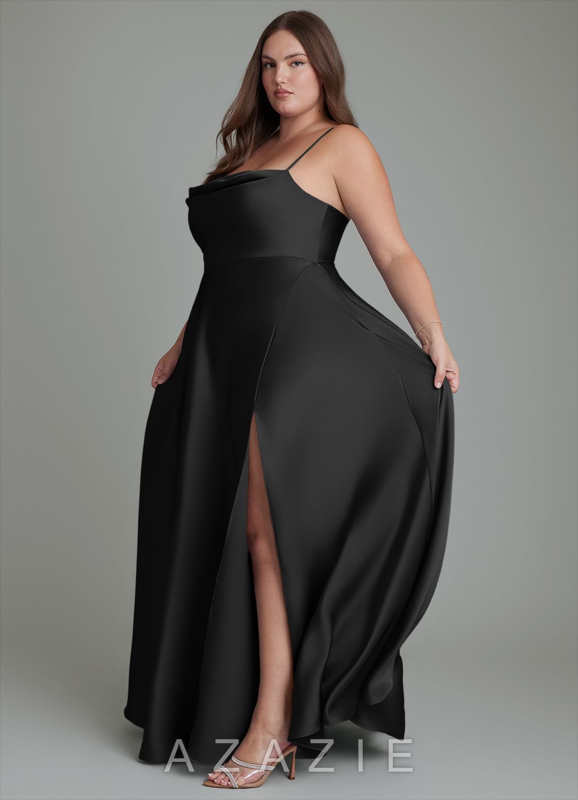 Azazie Elle Black A-Line Pleated Stretch Satin Dress black