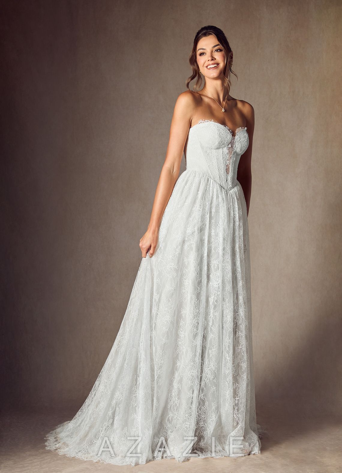 Azazie Lorena Diamond White A-Line Strapless Lace Dress