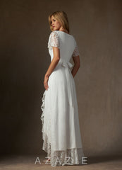 Azazie Lanei Wedding Dress Diamond White A-Line V-Neck Lace Dress diamond_white