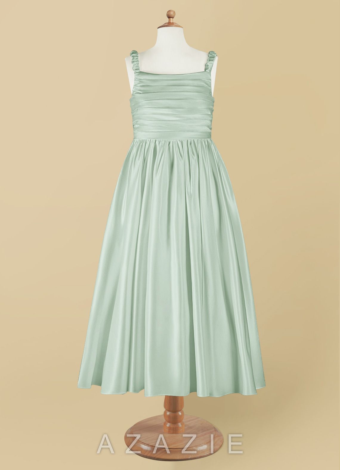 Azazie Cutie Pie Agave A-Line Pleated Matte Satin Dress agave