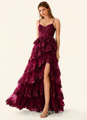 Tindra Burgundy Sequins Ruffles Prom Dress