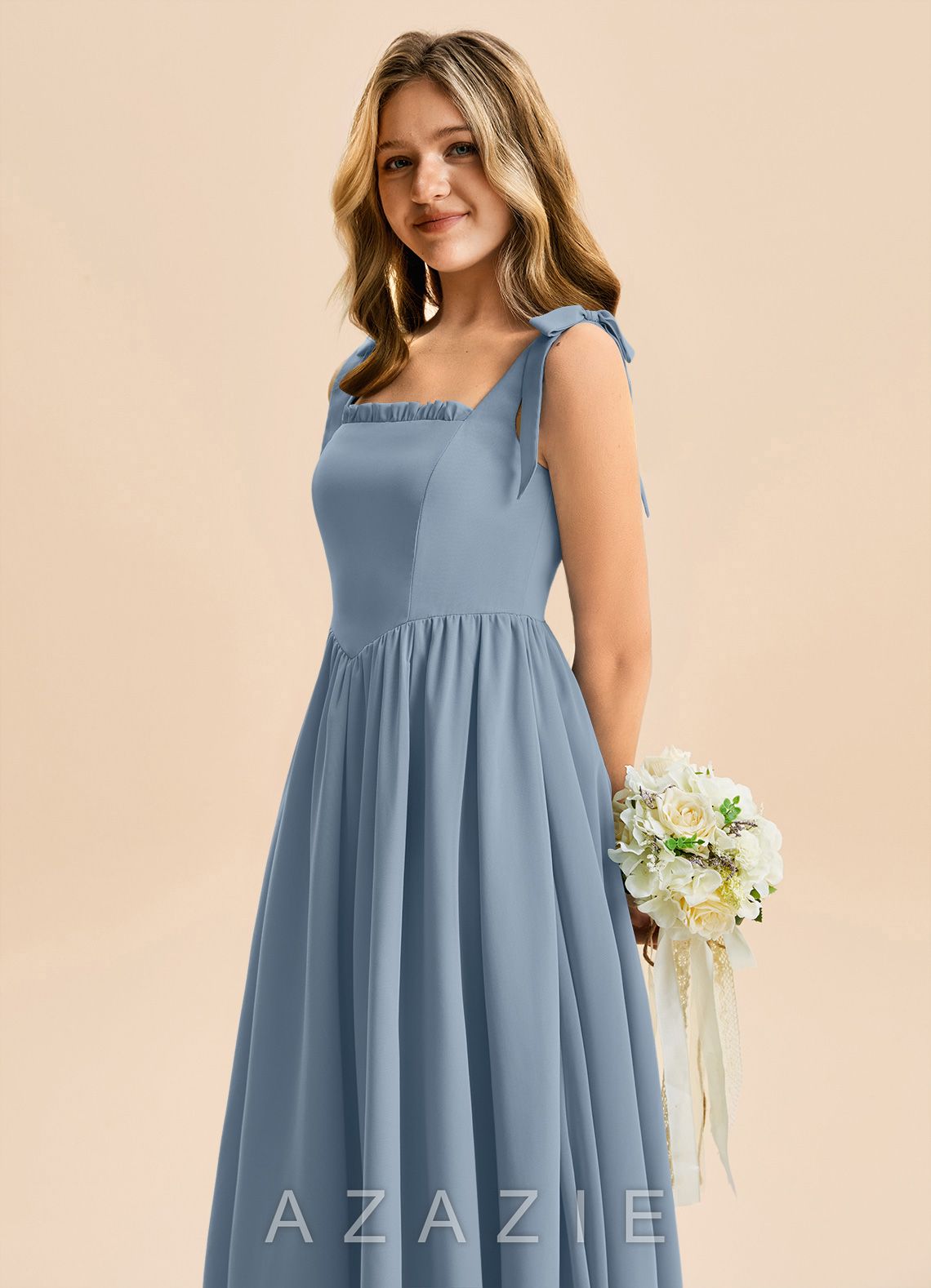 Azazie Delia Junior Dusty Blue A-Line Bow Chiffon Dress dusty_blue