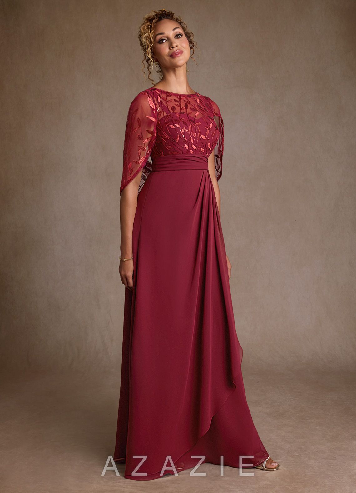 Azazie Beckley Burgundy A-Line Lace Chiffon Dress