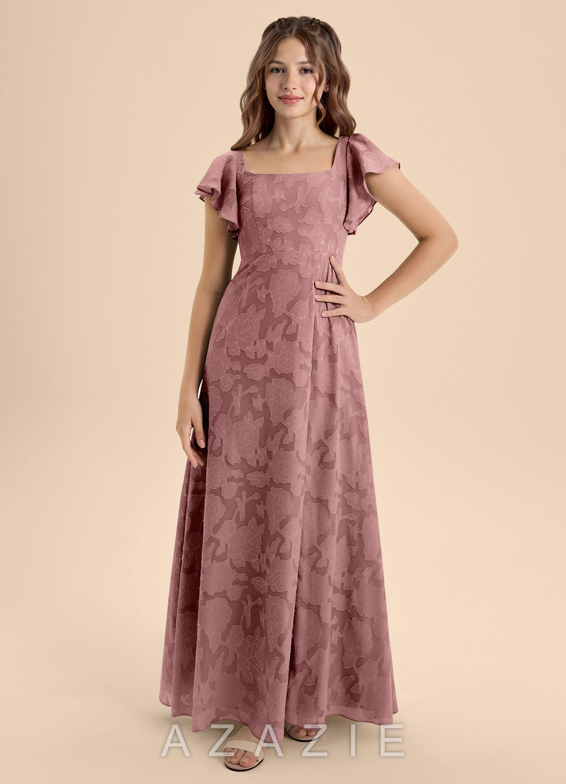 Azazie Bondi Junior Dusty Rose A-Line Bow Floral Burnout Dress dusty_rose