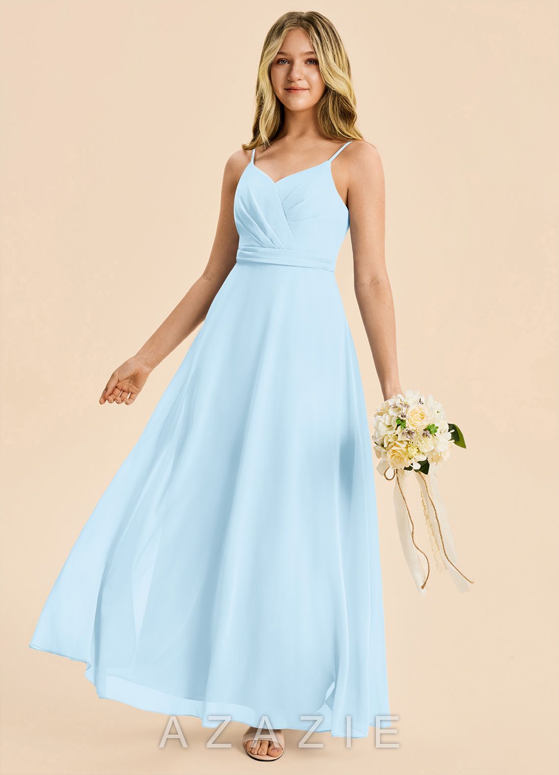 Azazie Tenzly Junior Sky Blue A-Line Pleated Chiffon Dress sky_blue