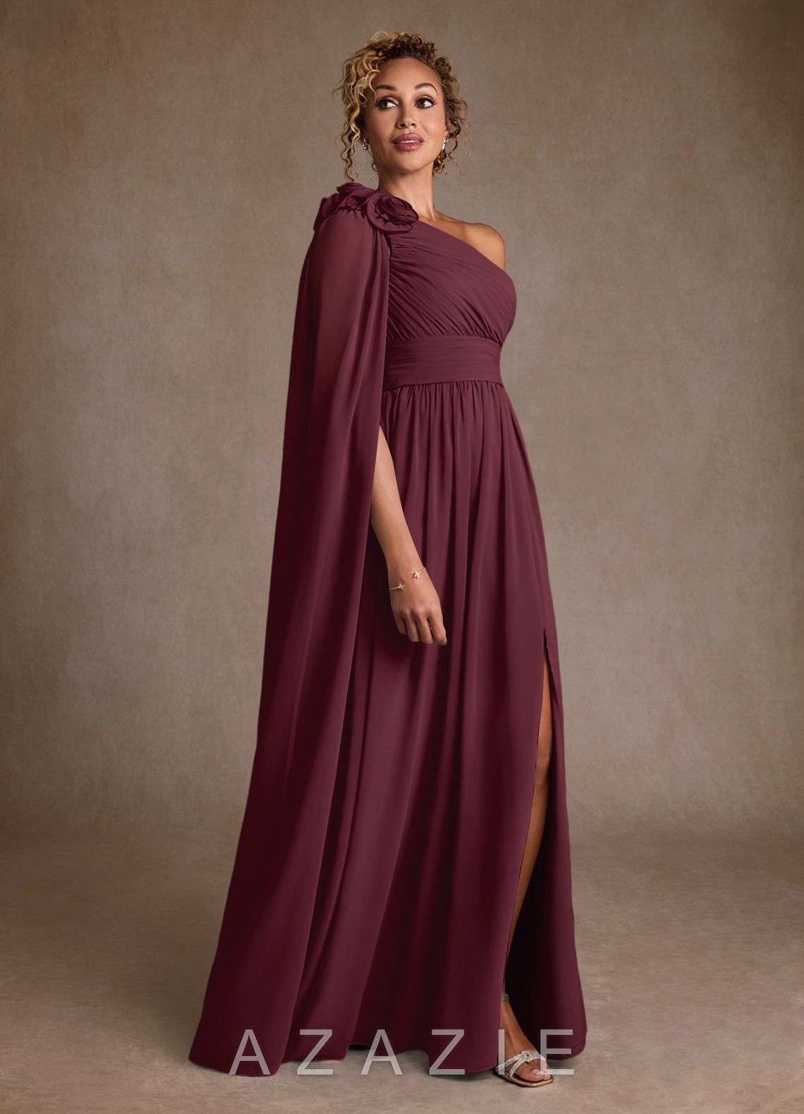 Azazie Lancaster Cabernet A-Line One Shoulder Chiffon Dress cabernet