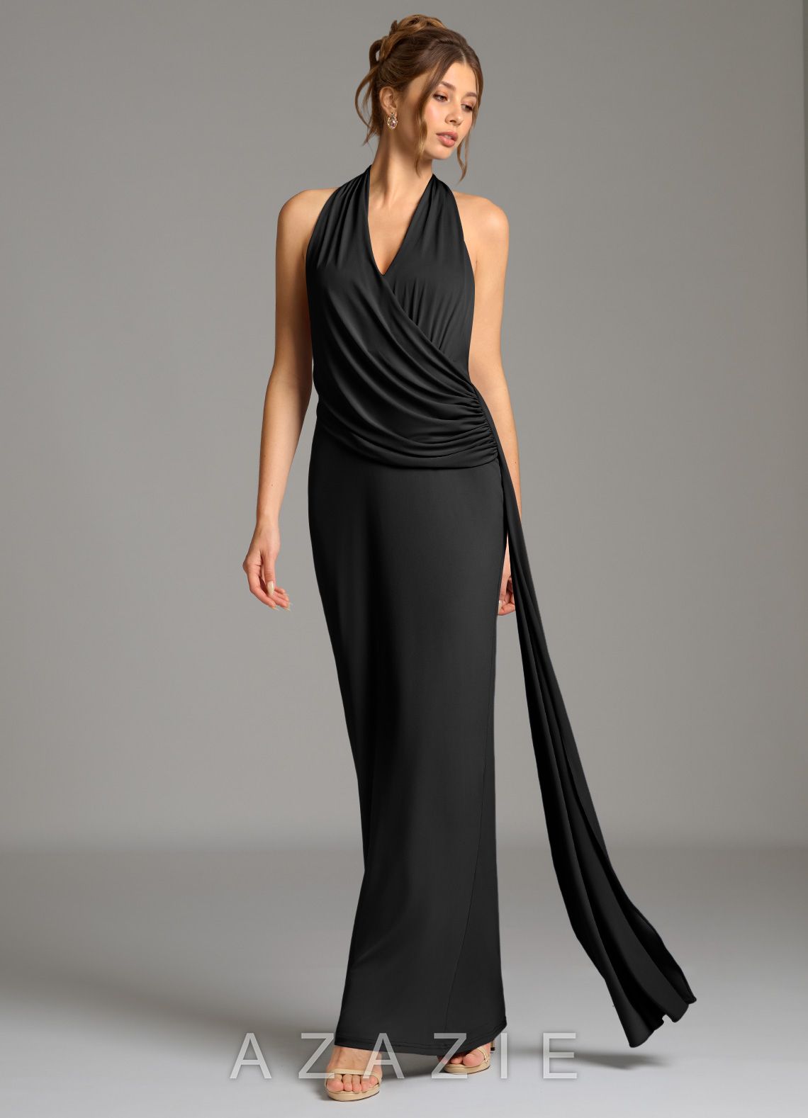 Azazie Nakia Black Sheath Pleated Premium Stretch Jersey Dress black