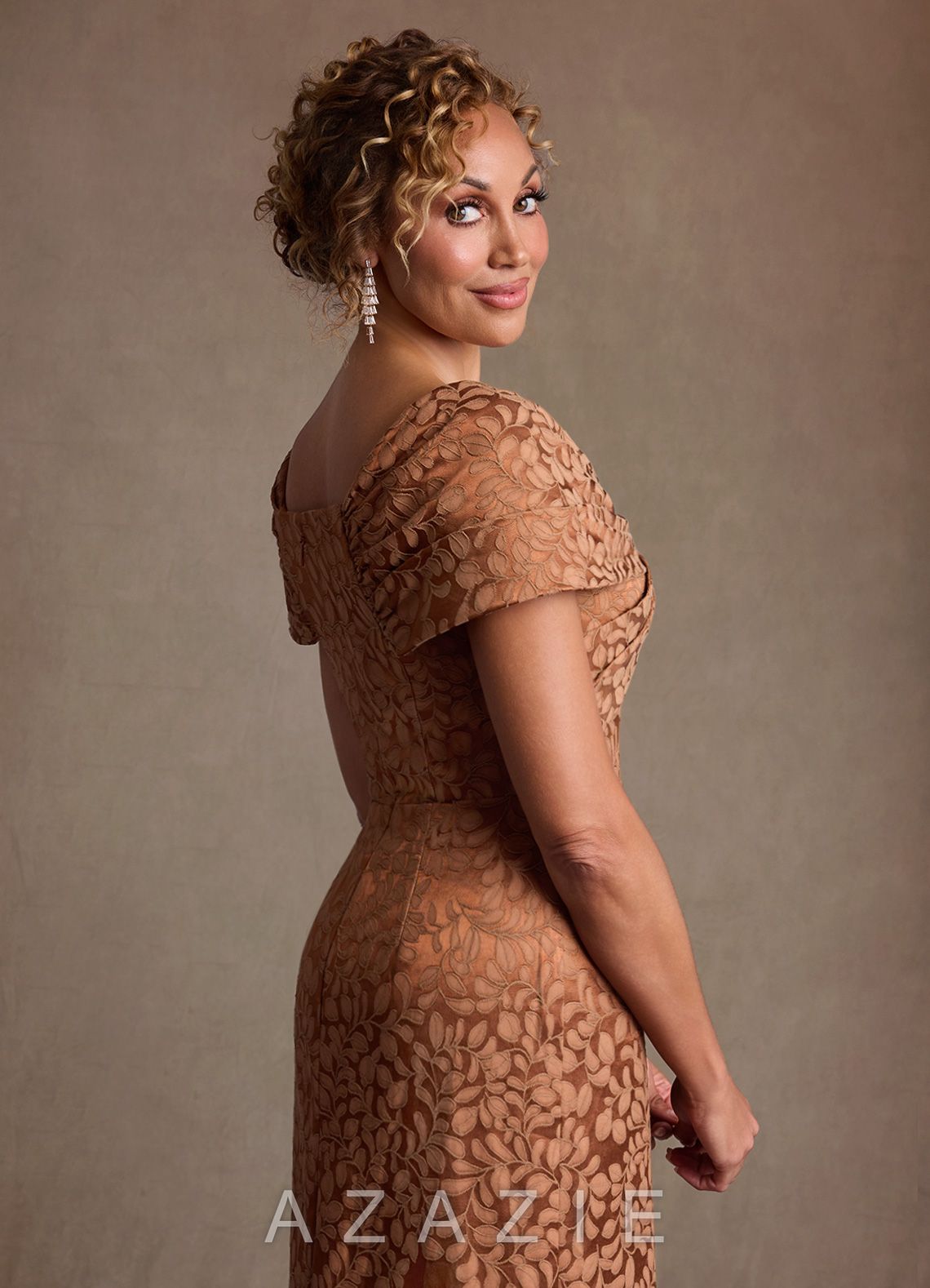 Azazie Atkins Caramel Cocoa Column Off the Shoulder Floral Jacquard Dress caramel_cocoa