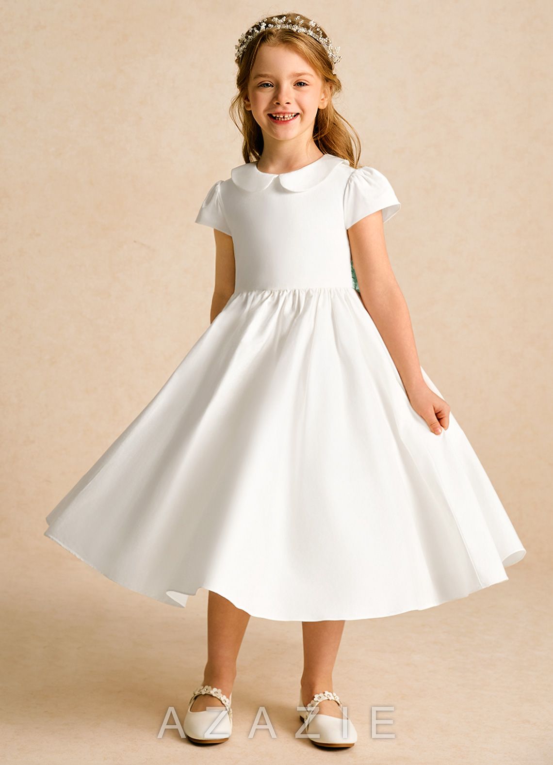 Azazie Deary Ivory Agave A-Line Bow Cotton Dress ivory/agave