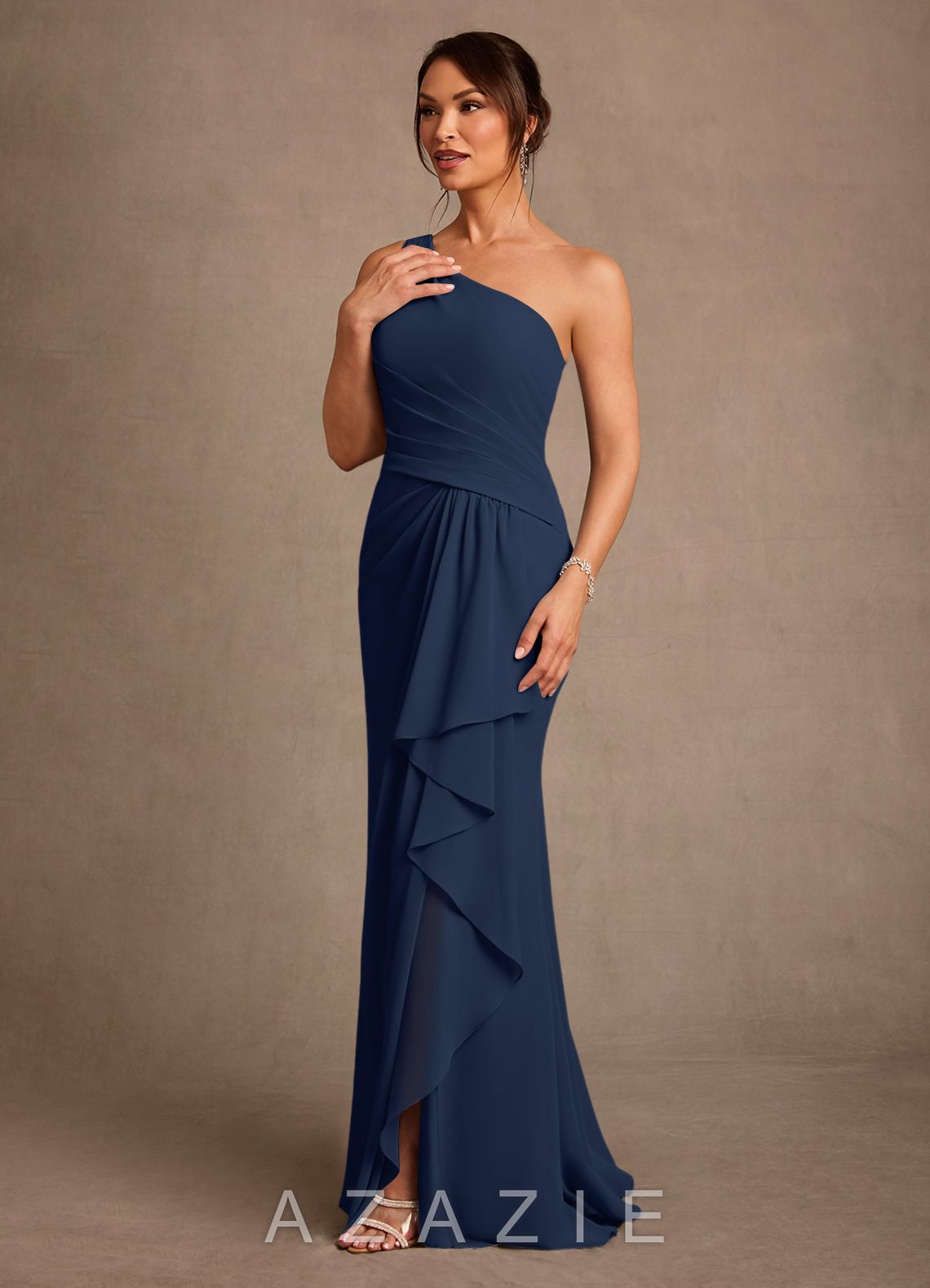 Azazie Floy Dark Navy Sheath One Shoulder Chiffon Dress dark_navy