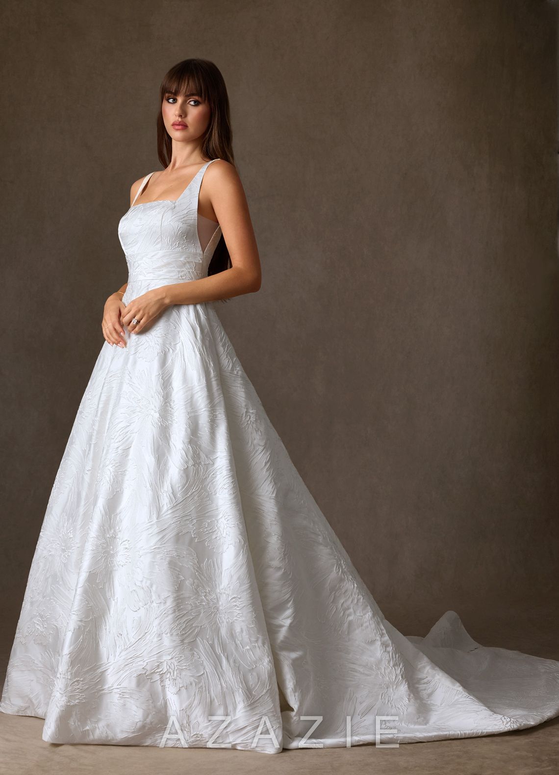Azazie Cheyenne Diamond White A-Line with Pockets Floral Jacquard Dress diamond_white