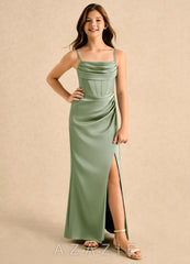 Azazie Lexy Girls Formal Dusty Sage A-Line Pleated Stretch Satin Dress