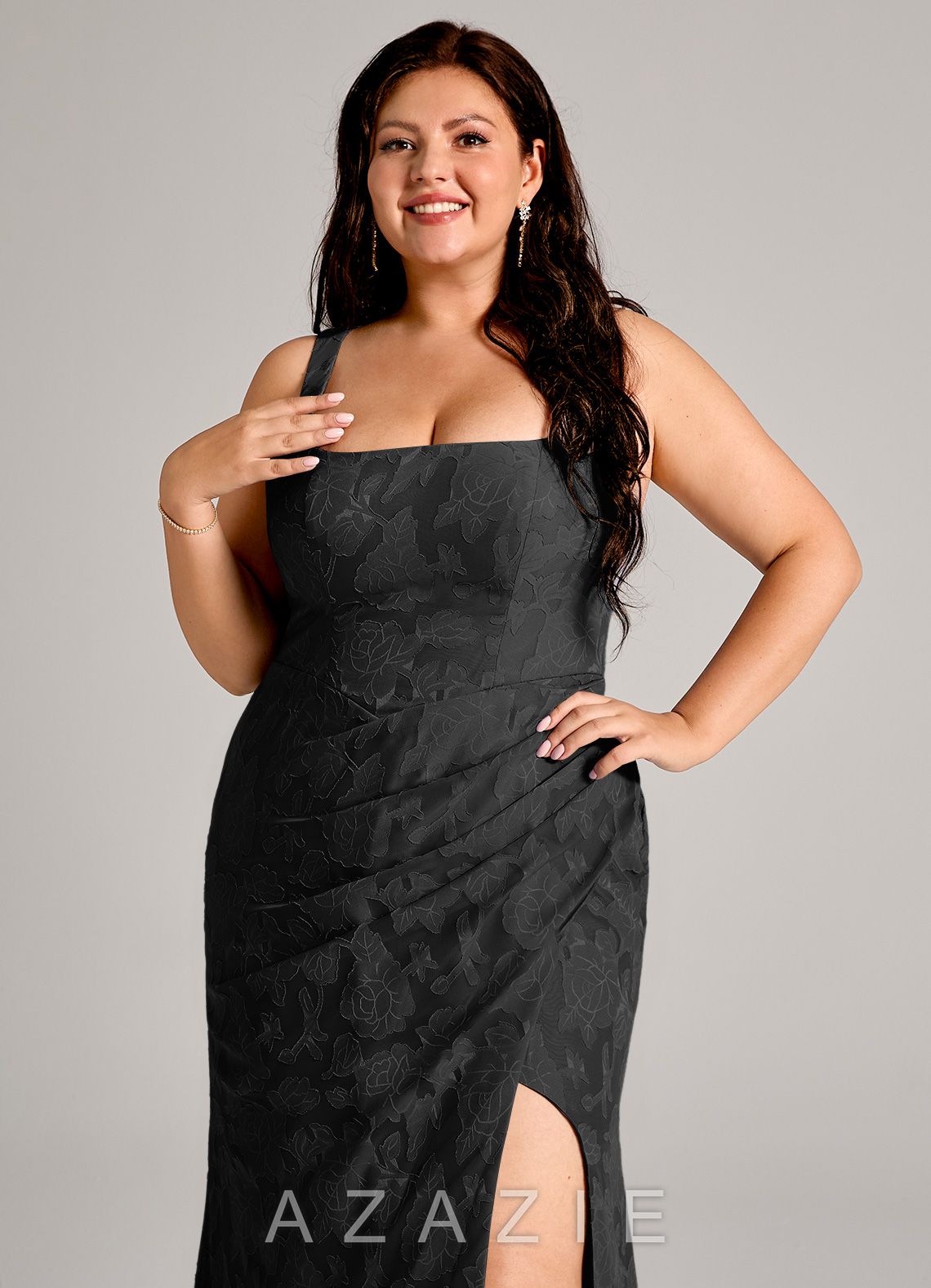 Azazie Mero Black Sheath Pleated Floral Burnout Dress black
