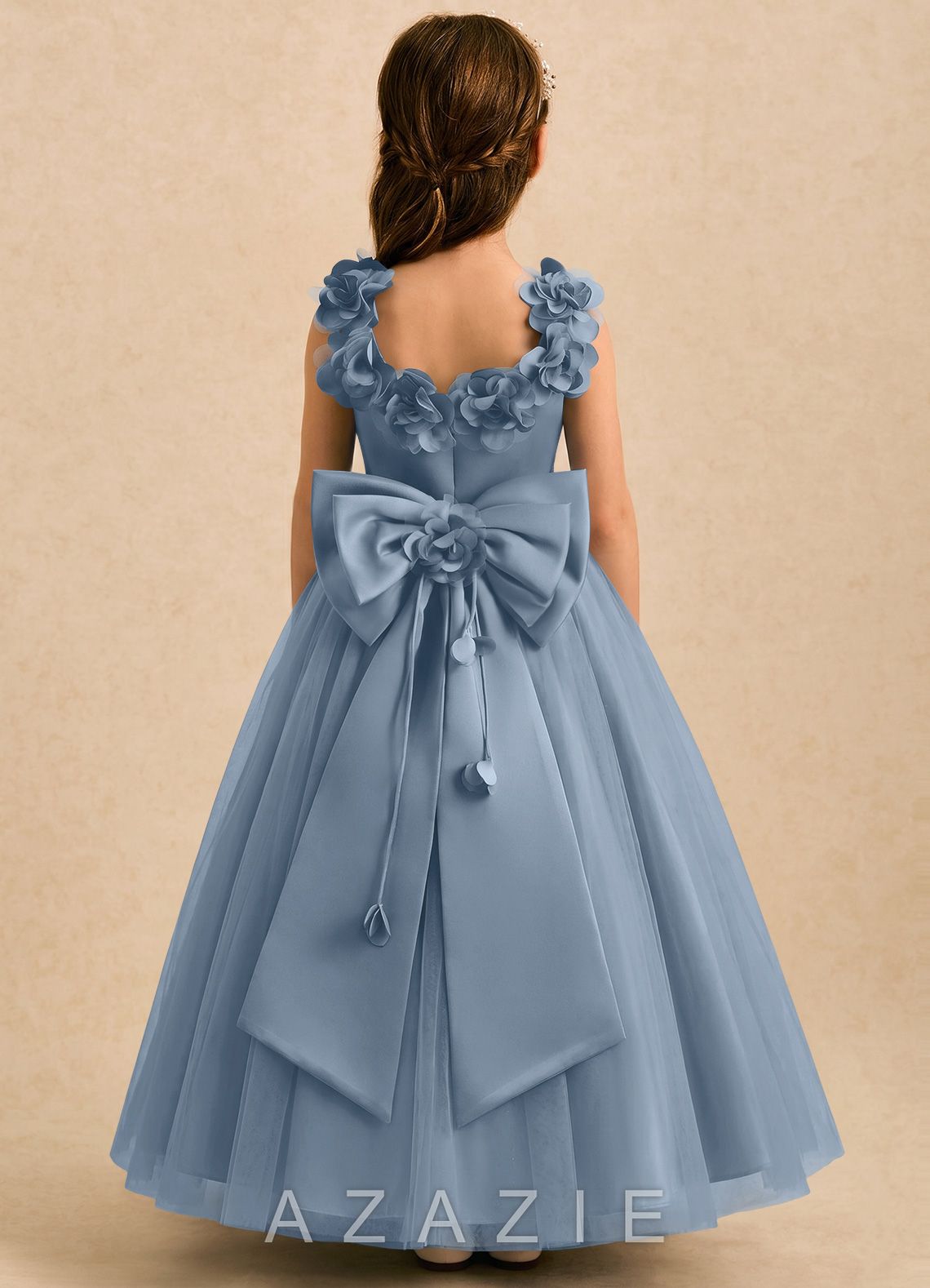 Azazie Eden Dusty Blue Ball-Gown Pleated Tulle Dress