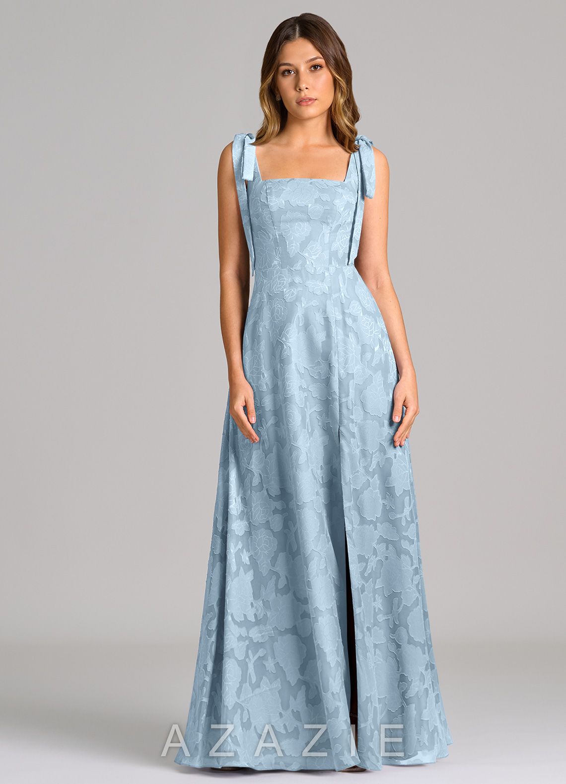 Azazie Debra Sky Blue A-Line with Pockets Floral Burnout Dress sky_blue