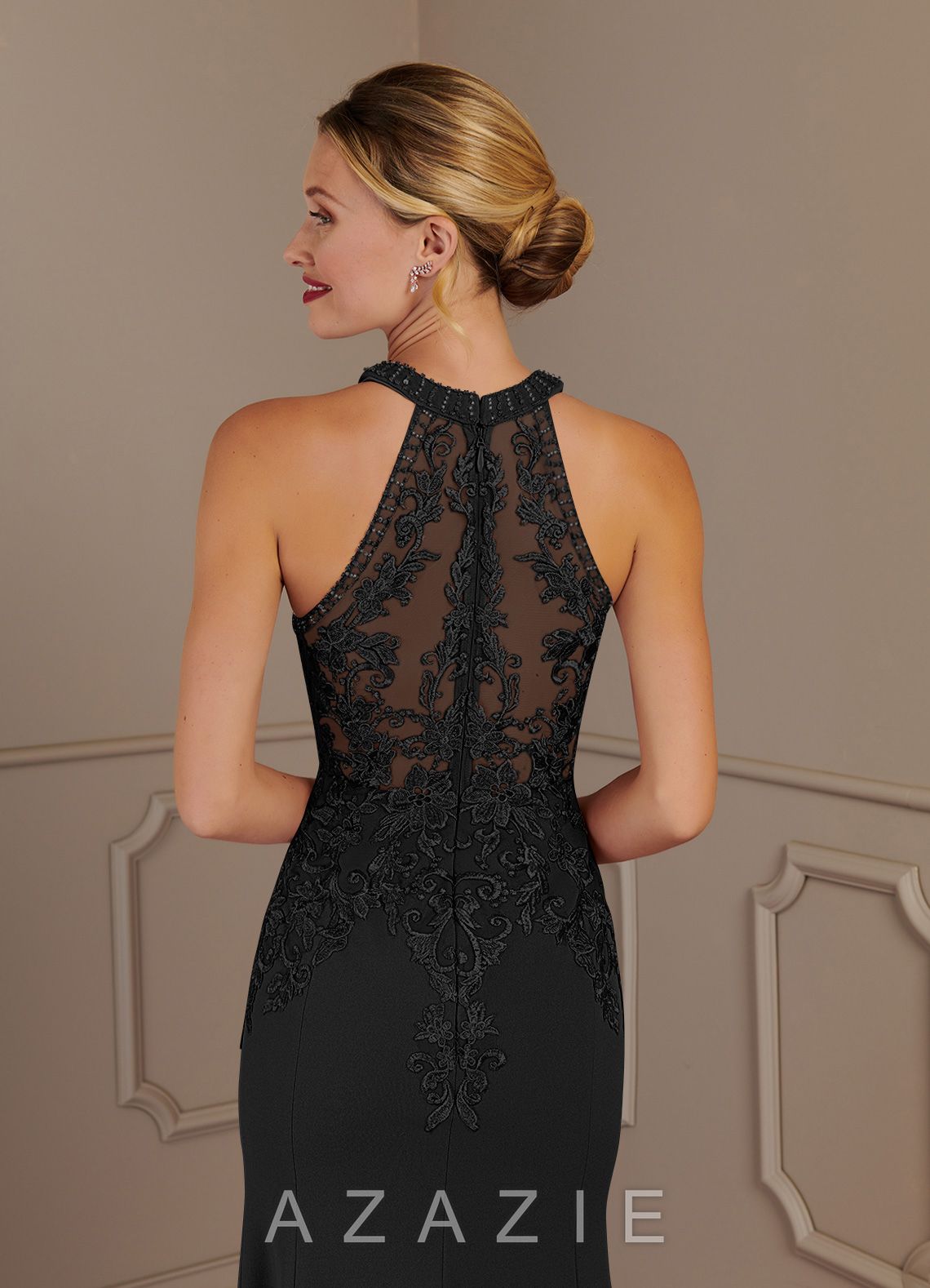 Azazie Tyra Black Mermaid Halter Lace Stretch Crepe Dress black