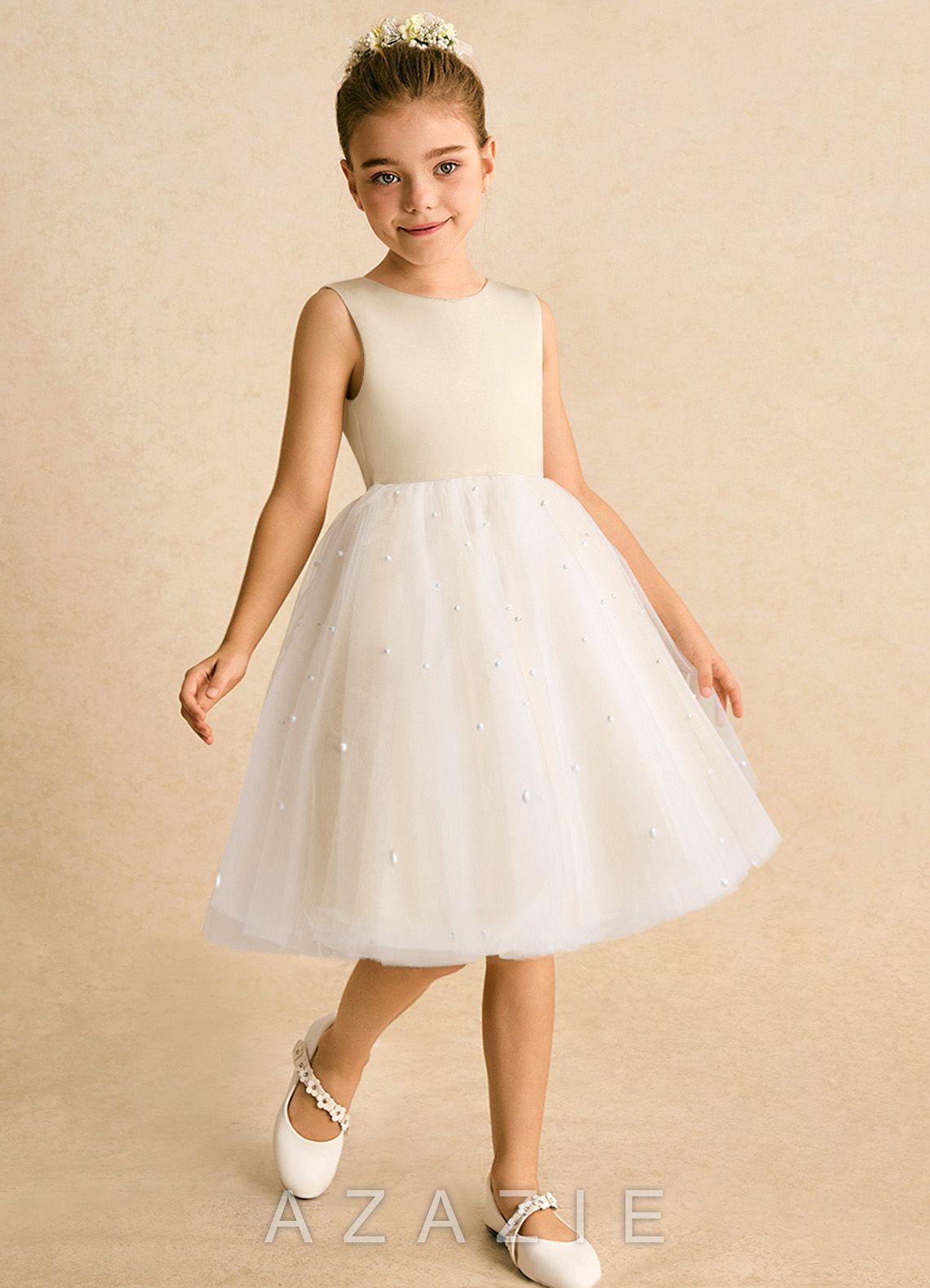 Azazie Esme Champagne Ball-Gown Bow Tulle Dress champagne