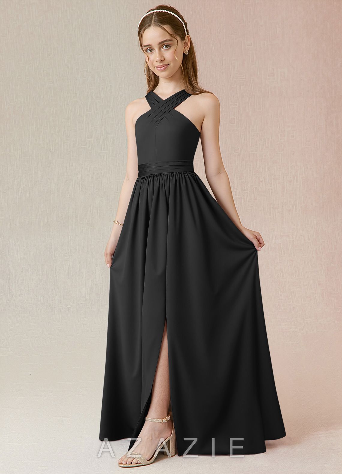 Azazie Jiya Junior Black A-Line Pleated Stretch Satin Dress