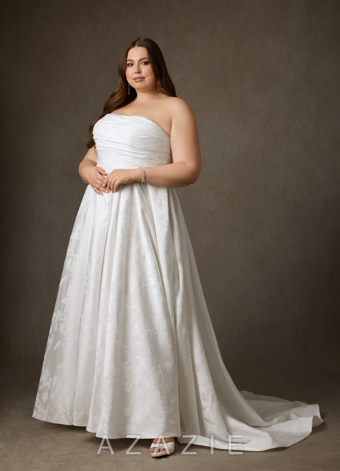 Azazie Daliah Diamond White A-Line Strapless Floral Jacquard Dress