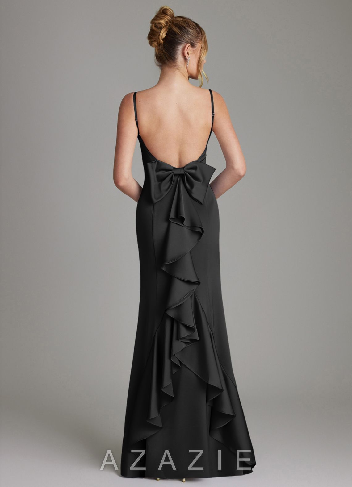Azazie Zherra Black Mermaid Bow Stretch Satin Dress black