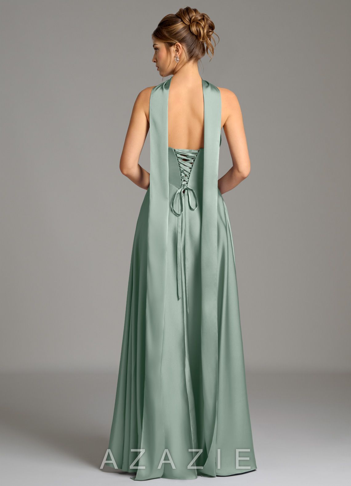 Azazie Ayla Agave A-Line Corset Stretch Satin Dress agave