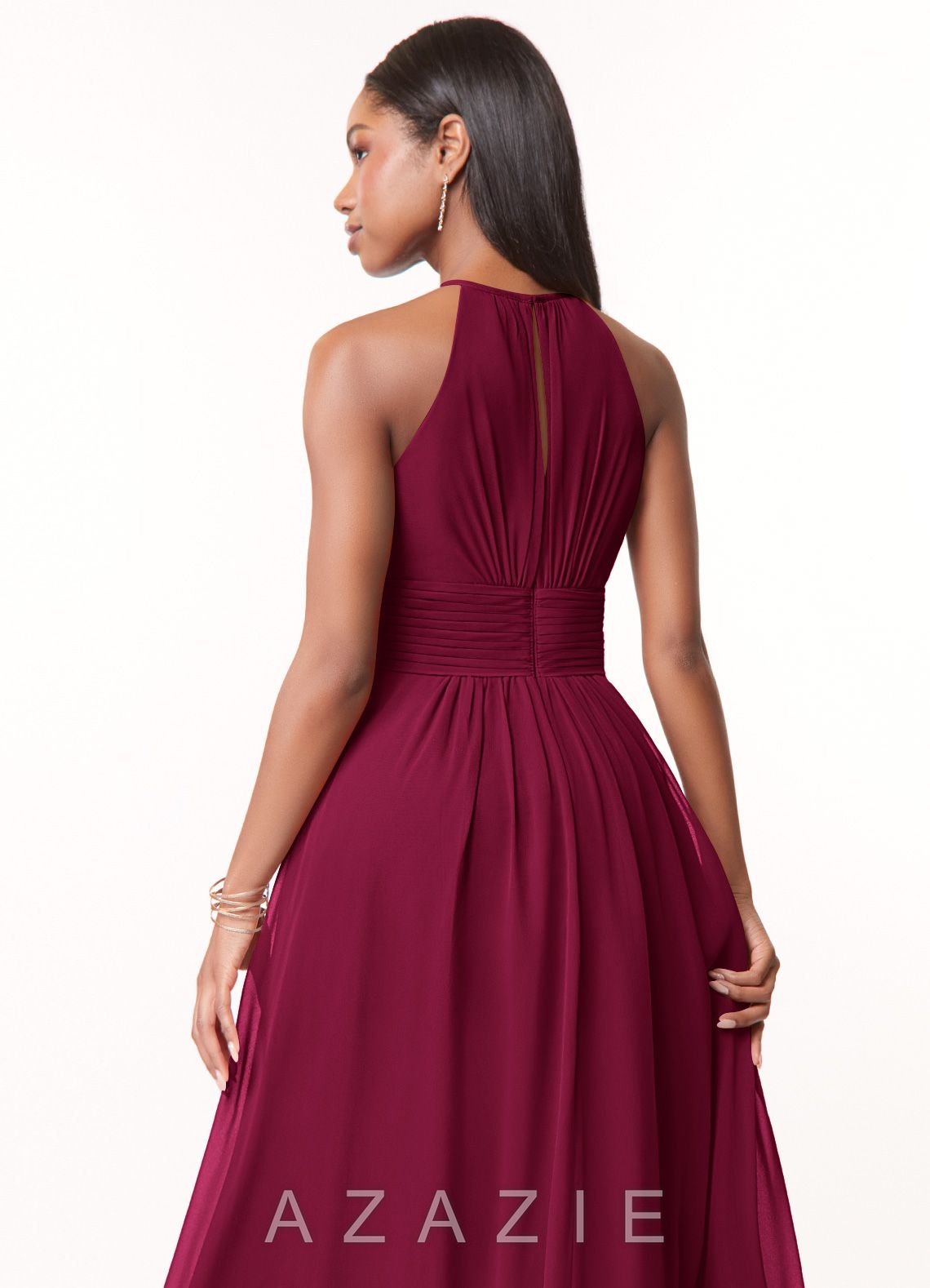 Azazie Bonnie Burgundy A-Line Keyhole Ruched Chiffon Dress burgundy