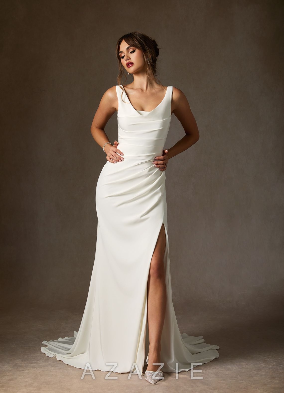 Azazie Daira Wedding Dress Diamond White Mermaid Scoop Pleated Crepe Back Satin Dress diamond_white