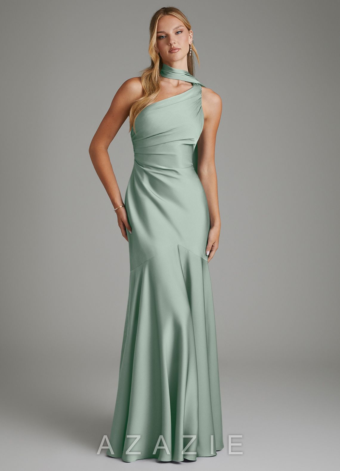 Azazie Amara Agave Mermaid One Shoulder Stretch Satin Dress