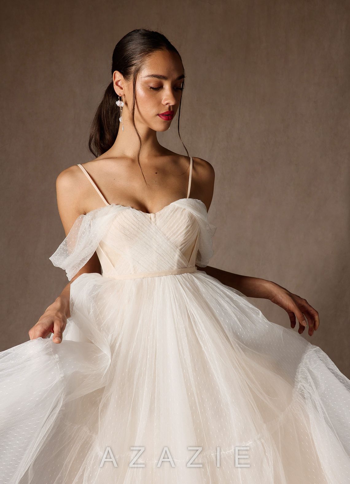 Azazie Vienna Wedding Dress Diamond White Champagne A-Line Off-The-Shouler Tulle Dress diamond_white/champagne