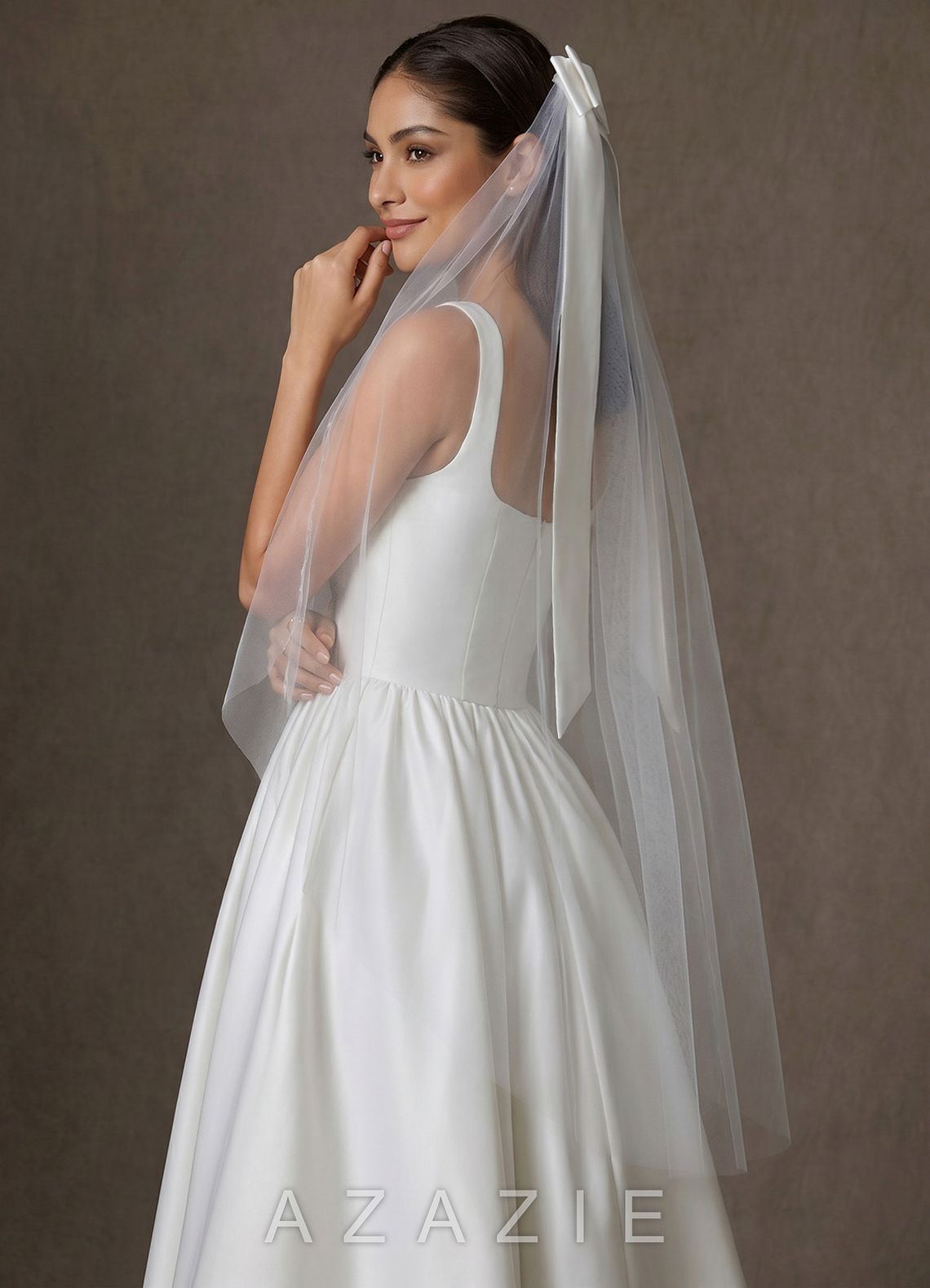 Satin Bow Hip Length Veil with Blusher  diamond_white