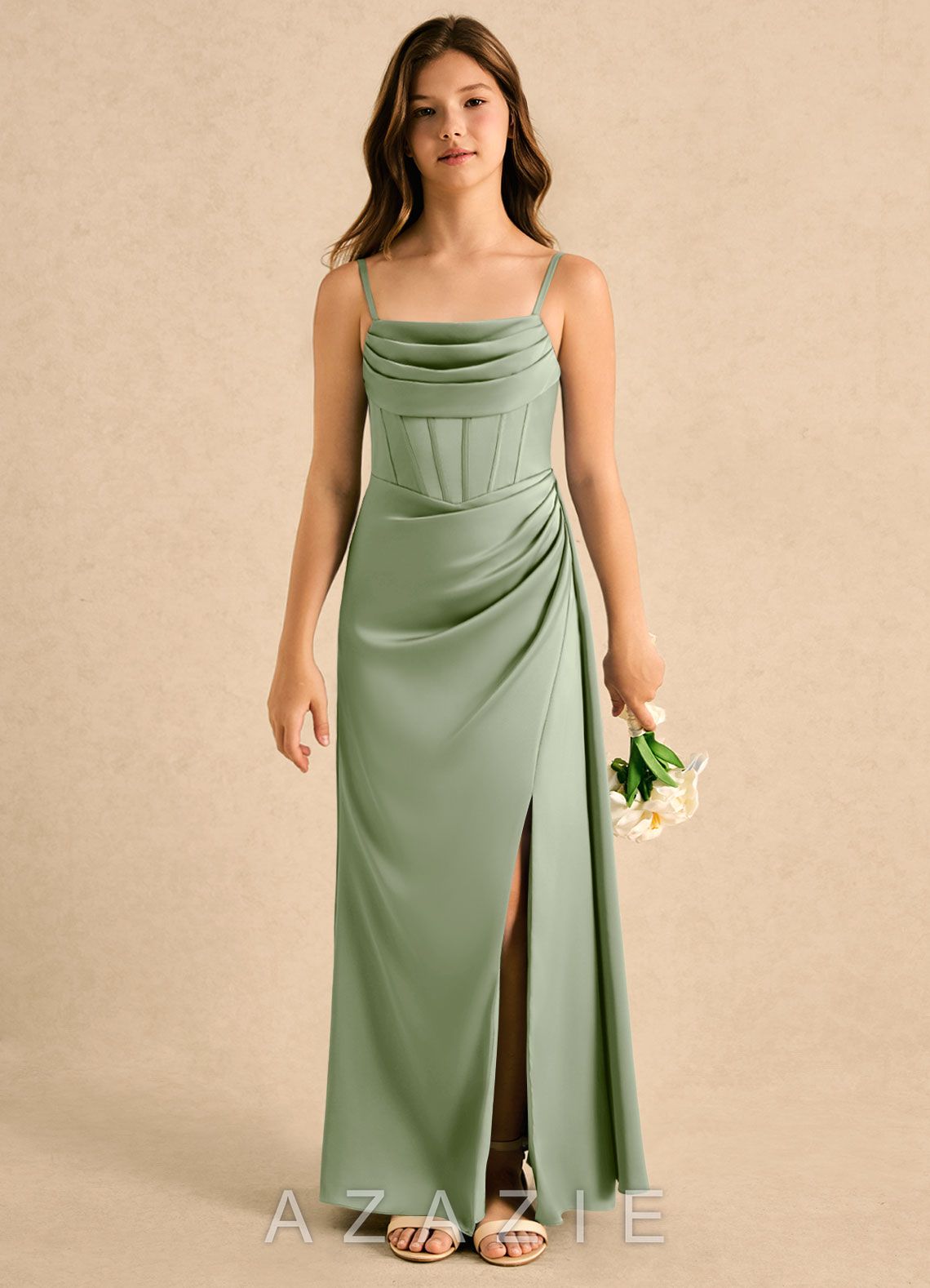 Azazie Lexy Girls Formal Dusty Sage A-Line Pleated Stretch Satin Dress dusty_sage