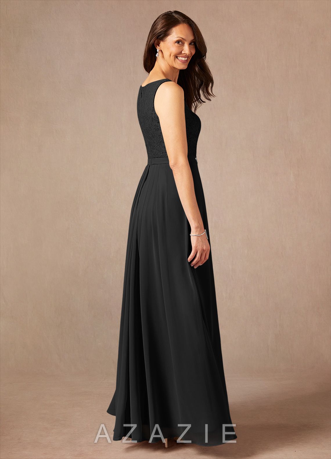 Azazie Ainsling Black A-Line Square Neckline Lace Chiffon Dress black