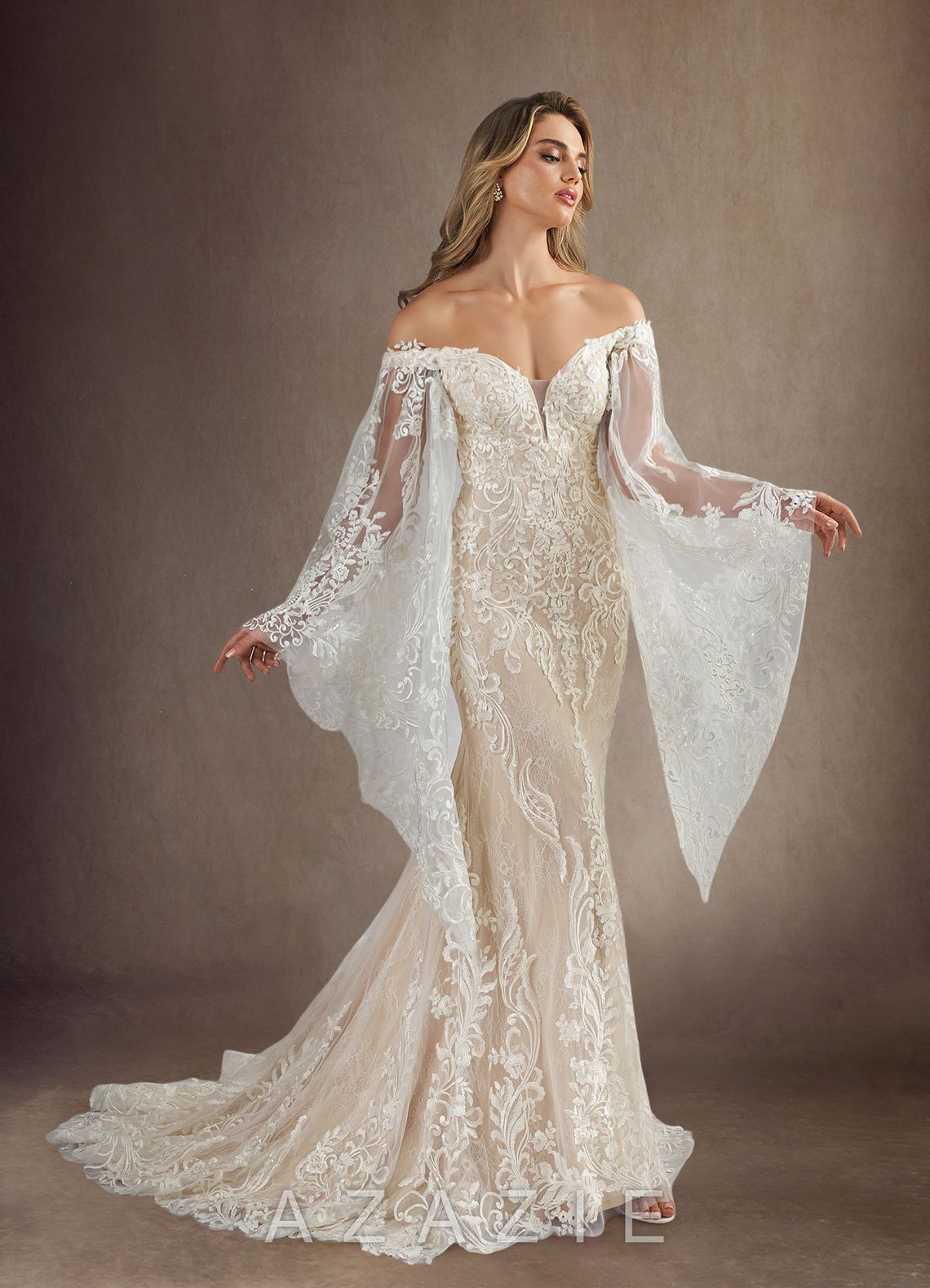 Azazie Memphis Wedding Dress Diamond White Nude Mermaid V-Neck Sequins Lace Dress diamond_white/nude