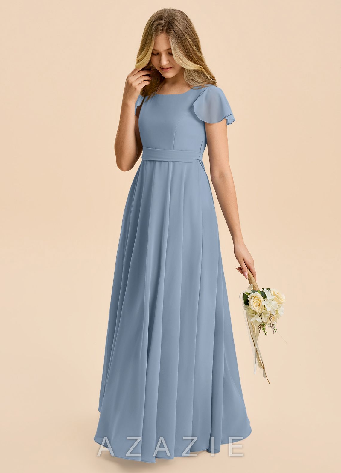 Azazie Cady Junior Dusty Blue A-Line Pleated Chiffon Dress dusty_blue