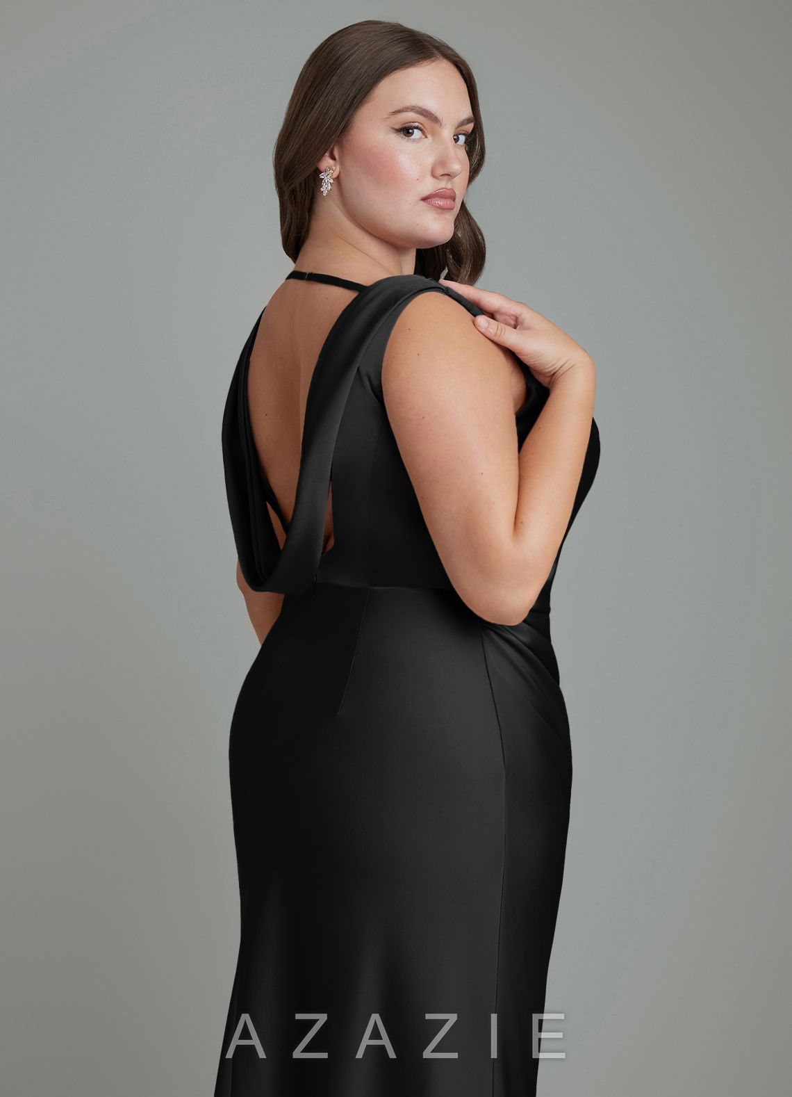 Azazie Kieryn Black Mermaid Pleated Stretch Satin Dress black