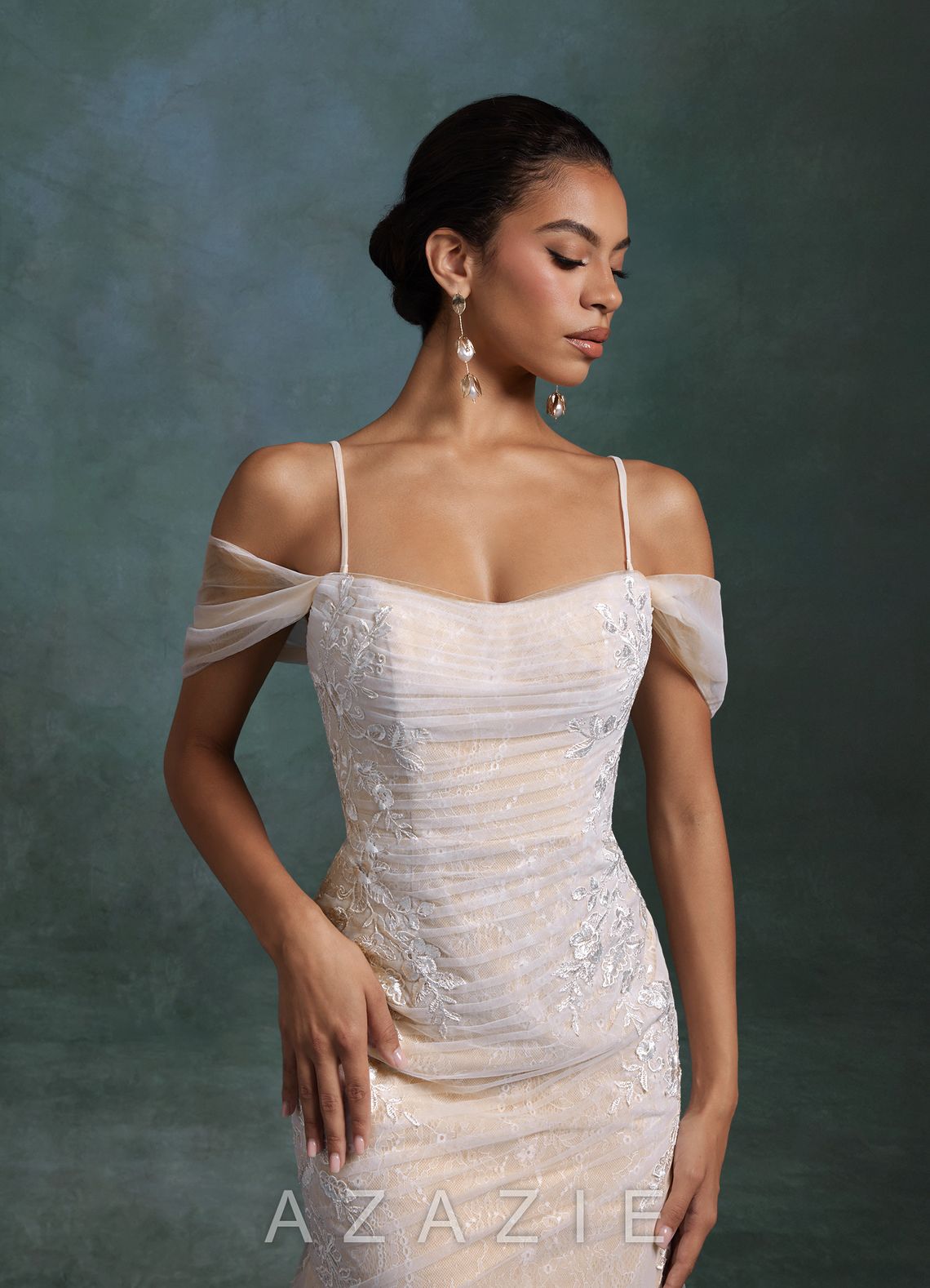 Azazie Ella Diamond White Champagne Mermaid Sweetheart Neckline Tulle Dress diamond_white/champagne