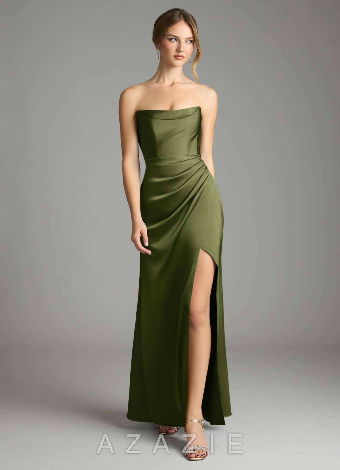 Azazie Leonis Olive Mermaid Pleated Stretch Satin Convertible Dress olive