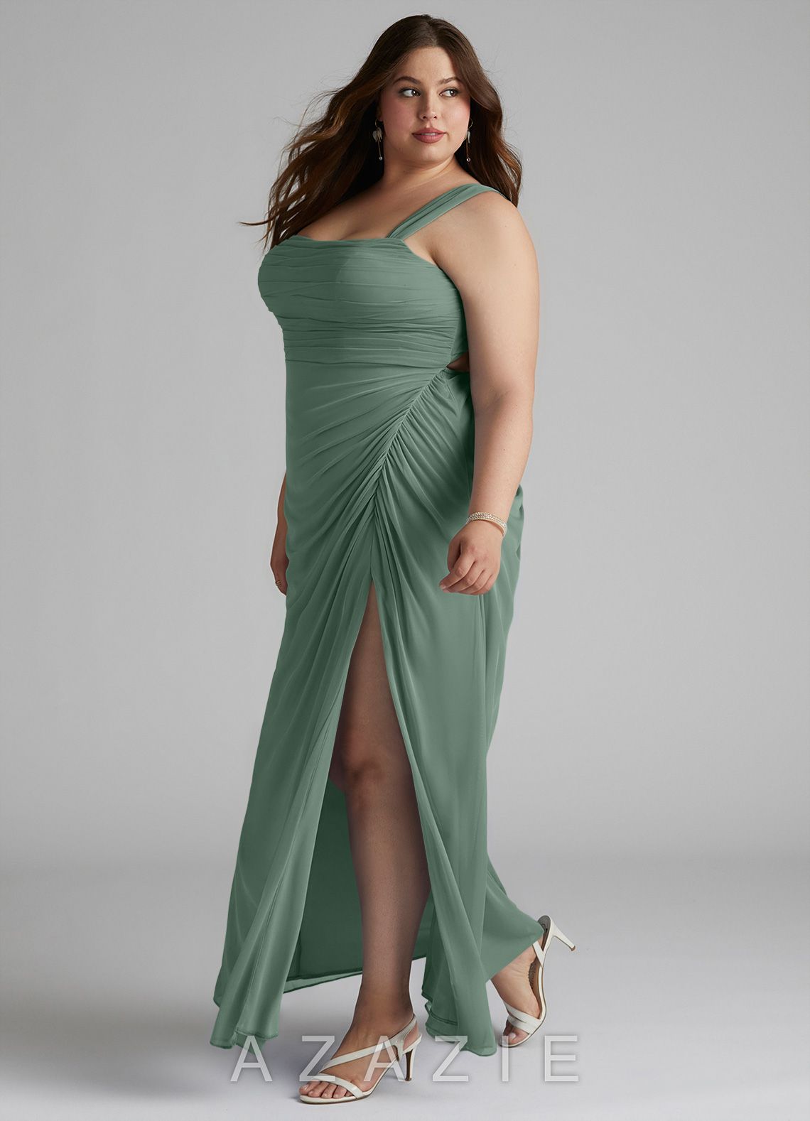 Azazie Jesaphine Eucalyptus Sheath Ruched Mesh Dress eucalyptus