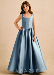 Azazie Enid Girls Formal Dusty Blue A-Line Beaded Stretch Satin Dress dusty_blue