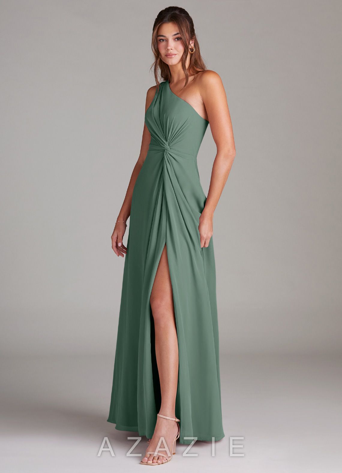 Azazie Brooke Eucalyptus A-Line One Shoulder Chiffon Dress eucalyptus