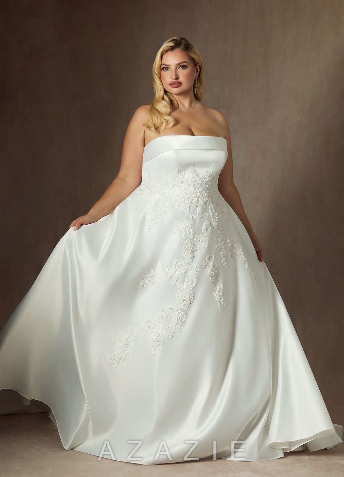 Azazie Fernanda Diamond White Ball-Gown Strapless Satin Dress diamond_white