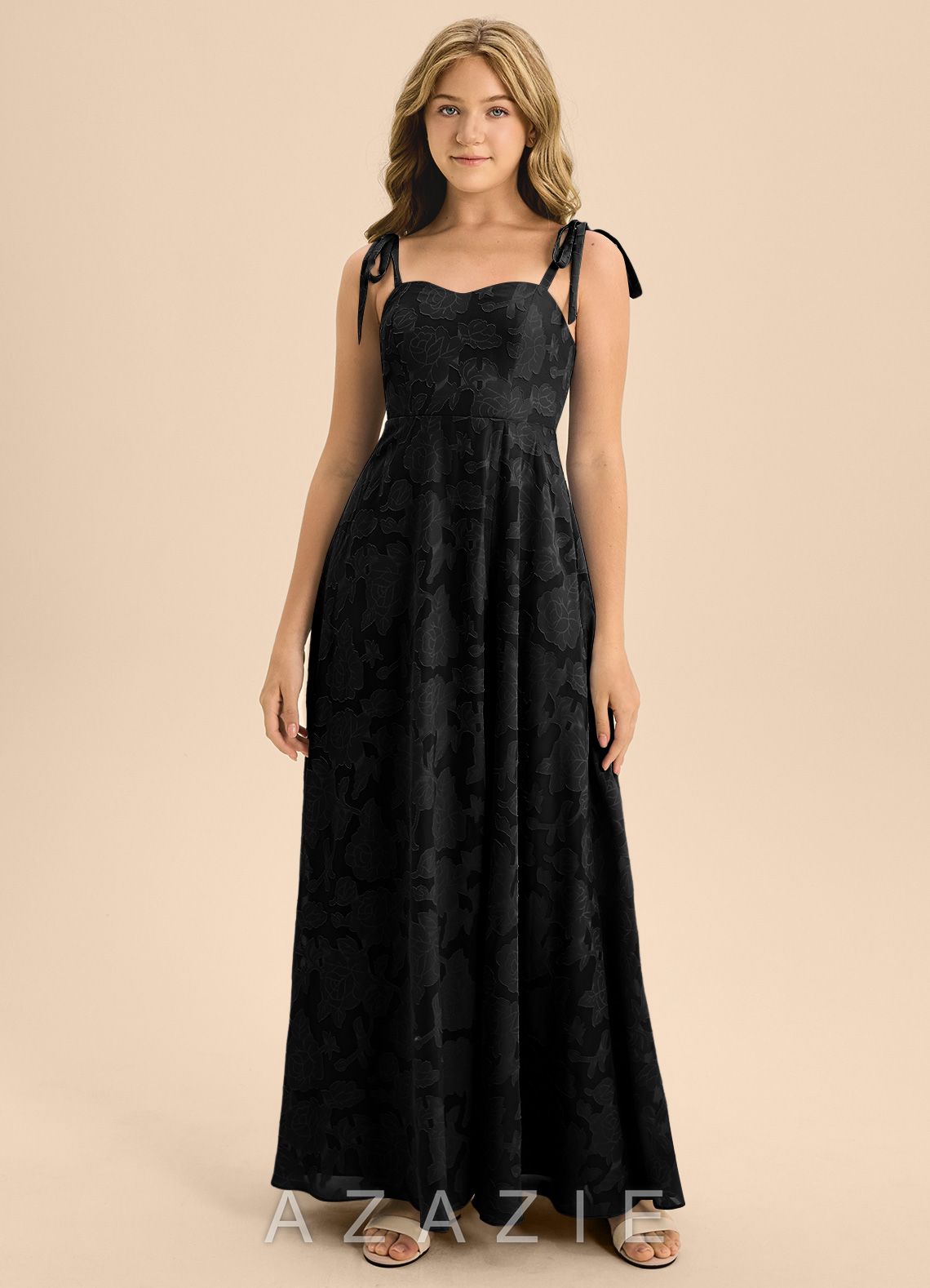 Azazie Rosey Junior Black A-Line Sweetheart Neckline Floral Burnout Dress black