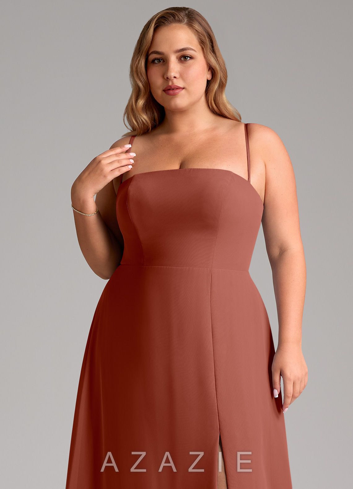 Azazie Wren Auburn A-Line Side Slit Chiffon Convertible Dress auburn