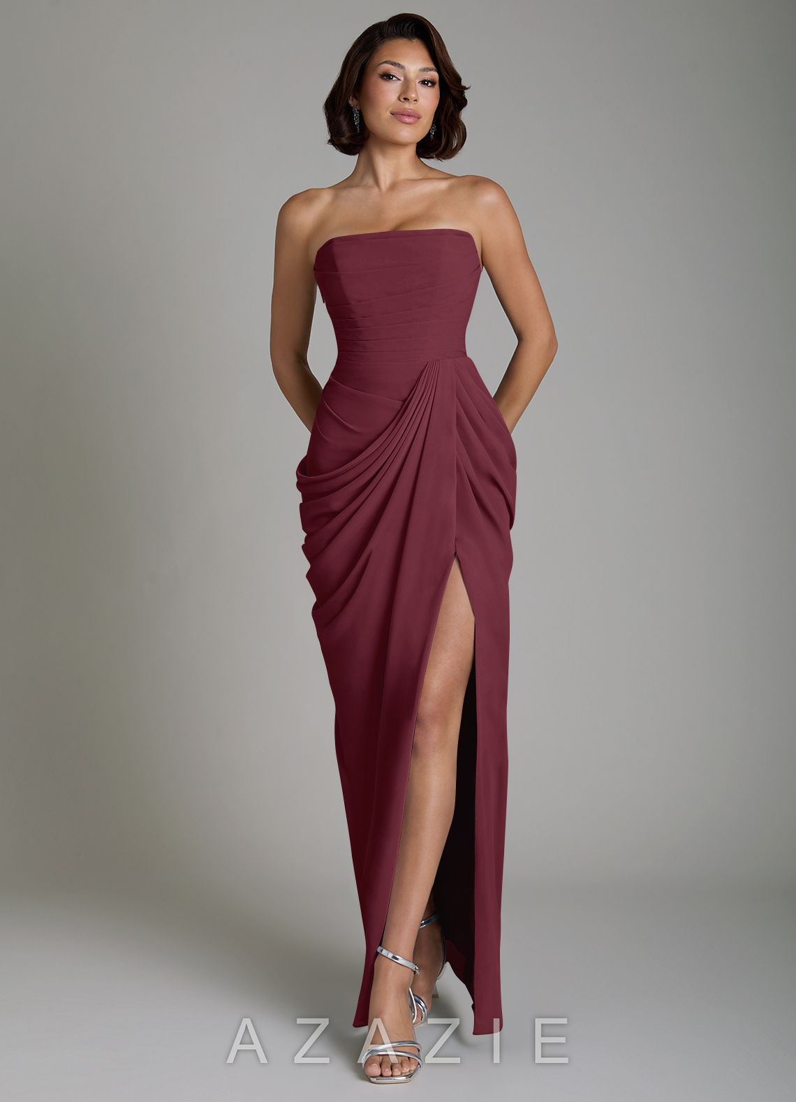 Azazie Nyra Cabernet Sheath Corset Chiffon Dress