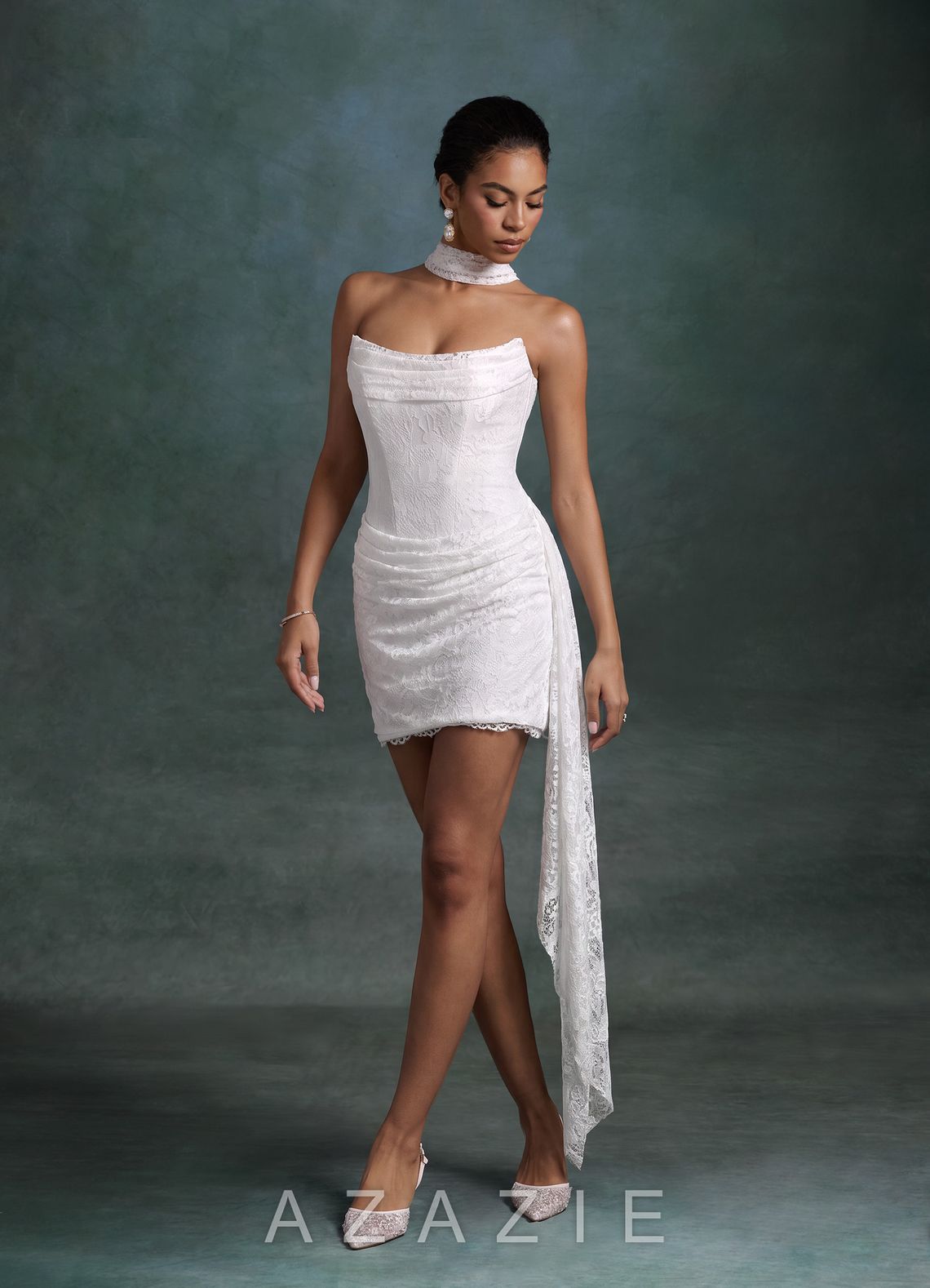 Azazie Kennedy Diamond White Sheath Strapless Lace Dress diamond_white