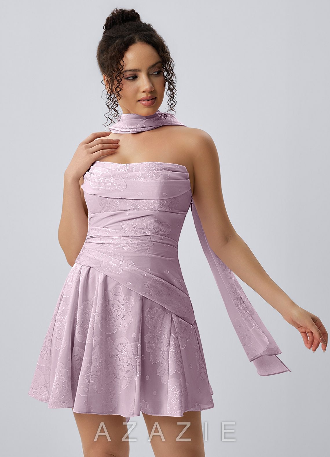 Iphigenie Frosted Lilac Strapless Jacquard Lace-Up Skater Mini Dress